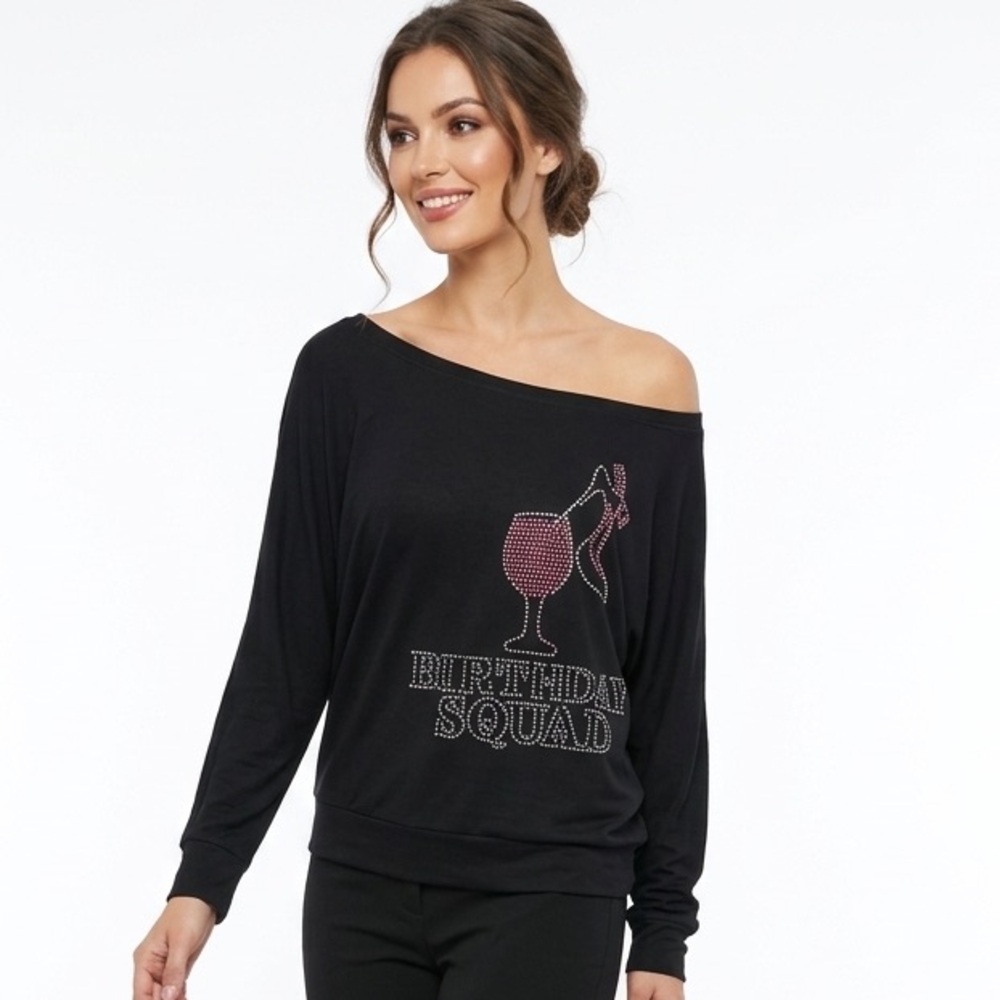 Bella Black Off-Shoulder "Birthday Squad" Rhinestone Top size S. Preowned